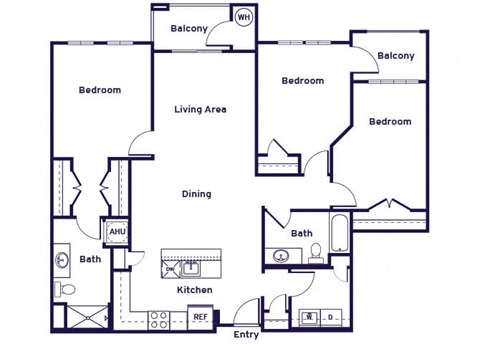 Three bedroom two bathroom floor plan image at Riverwoods at Lake Ridge in Woodbridge VA